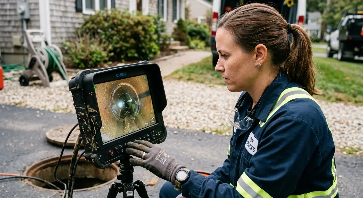 Technician reviewing sewer camera inspection footage in Philadelphia
