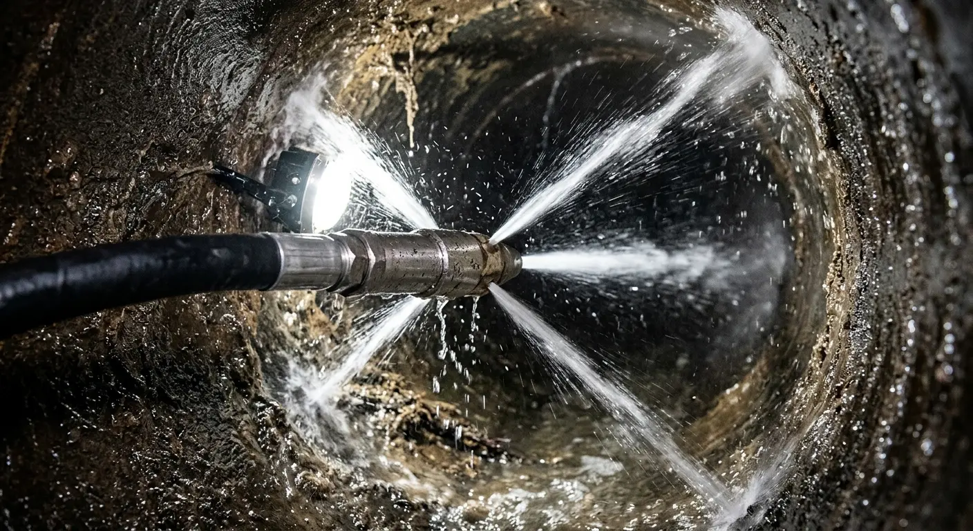 High-pressure hydro jetting nozzle cleaning sewer pipe for Emergency Drain Service in Philadelphia