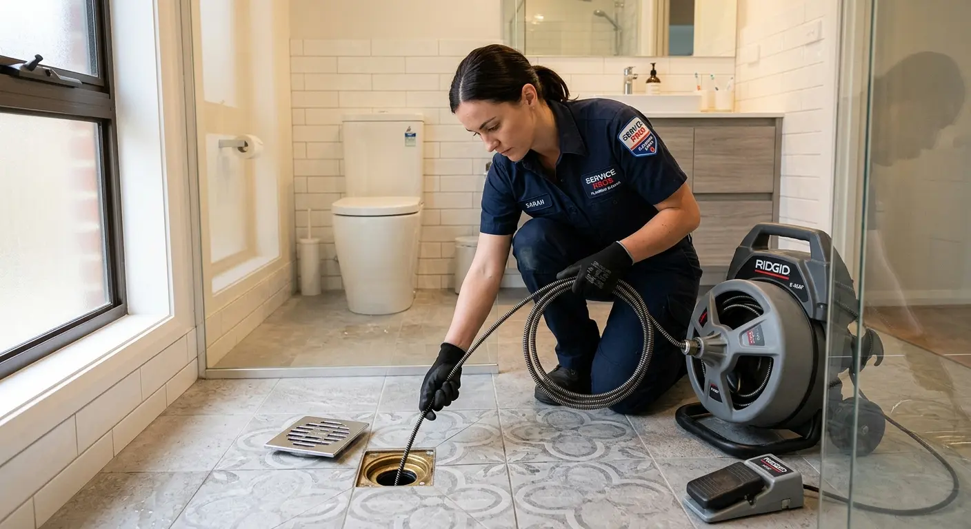 Technician clearing a bathroom floor drain for Hydro Jetting in Philadelphia